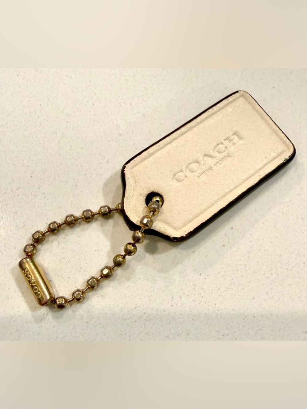 Coach White Leather Hang Bag Tag with Gold-Tone Beaded Chain